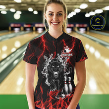 Load image into Gallery viewer, Woman wearing a red flaming panther bowling quarter zip jersey during league competition front view.