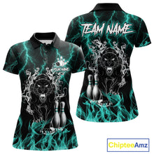 Load image into Gallery viewer, Turquoise flaming panther bowling polo shirt for women with custom bowling team graphics.