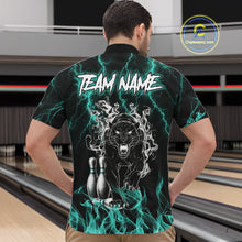 Load image into Gallery viewer, Back view of man wearing a turquoise flaming panther bowling quarter zip shirt in a bowling alley.
