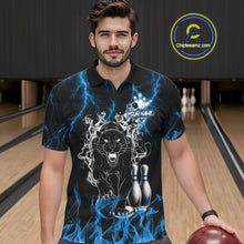 Load image into Gallery viewer, Man wearing a blue flaming panther bowling polo shirt at a bowling alley front view.