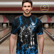 Load image into Gallery viewer, Man wearing a blue flaming panther bowling quarter zip jersey during league competition front view.