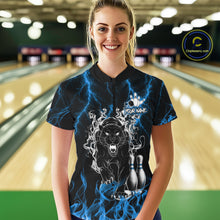 Load image into Gallery viewer, Woman wearing a blue flaming panther bowling quarter zip jersey during league competition front view.