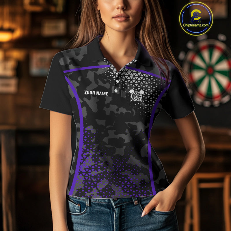 Black Purple Camo Darts Shirt With Pocket Option For Women Custom Dart Jersey TDM4365
