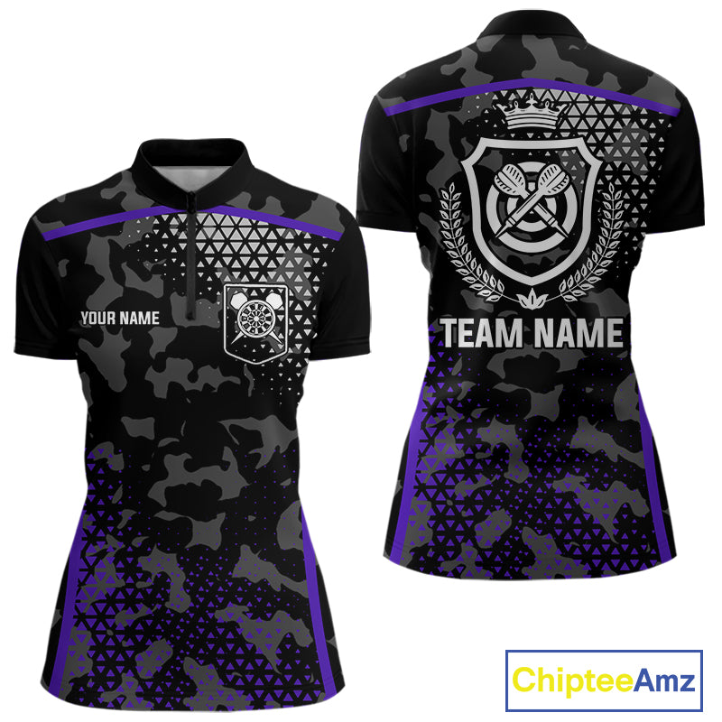 Black Purple Camo Darts Shirt With Pocket Option For Women Custom Dart Jersey TDM4365