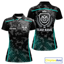 Load image into Gallery viewer, Black &amp; Turquoise Camo Dart Shirt For Women Custom Dart Jerseys Pocket Option TDM4366