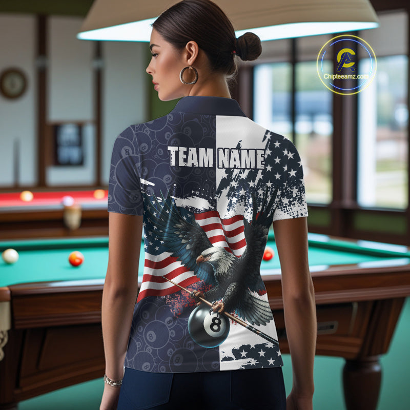 Personalized American Flag Eagle Women Billiard Shirt Custom Patriotic 8 Ball Pool Team Jersey |Navy TDM4369