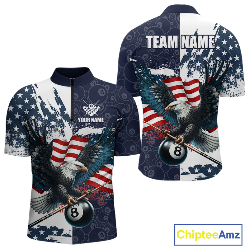 Personalized American Flag Eagle Men Billiard Shirt Custom Patriotic 8 Ball Pool Team Jersey |Navy TDM4369