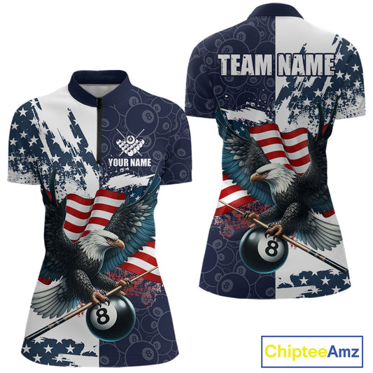 Personalized American Flag Eagle Women Billiard Shirt Custom Patriotic 8 Ball Pool Team Jersey |Navy TDM4369