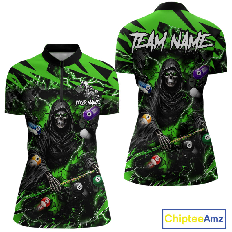 Green Grim Reaper lightning 8 ball pool billiard team jersey quarter zip shirt for women featuring green lightning Grim Reaper graphics, premium custom billiard apparel.