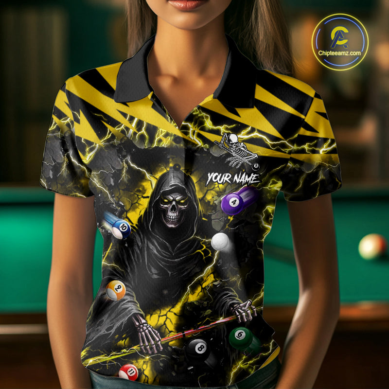Woman wearing yellow Grim Reaper lightning 8 ball pool billiard team jersey polo shirt, front view.