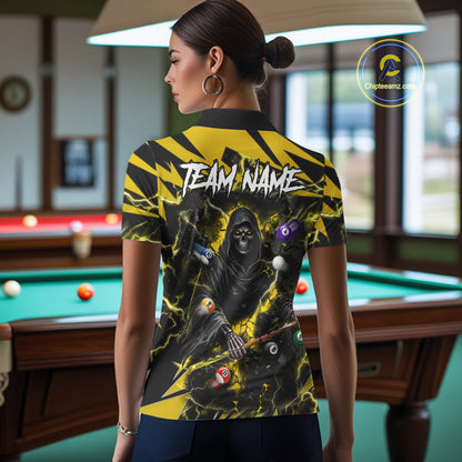 Woman wearing yellow Grim Reaper lightning 8 ball pool billiard team jersey polo shirt, back view.