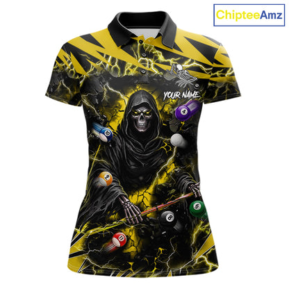 Yellow Grim Reaper lightning 8 ball pool billiard team jersey polo shirt for women featuring a fierce Grim Reaper and yellow lightning artwork, premium custom pool team apparel.