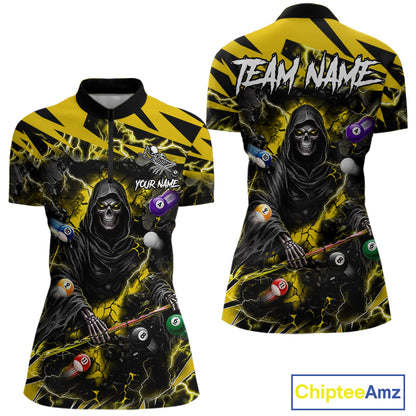 Yellow Grim Reaper lightning 8 ball pool billiard team jersey quarter zip shirt for women featuring yellow lightning Grim Reaper graphics, premium custom billiard apparel.