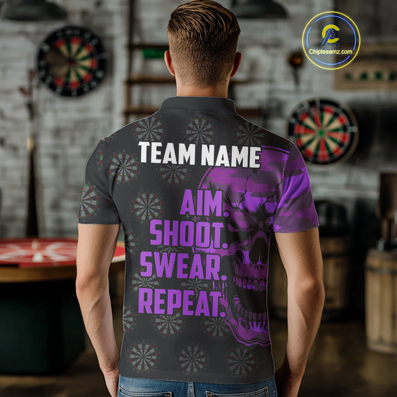 Funny Purple Camo Darts Skull Aim Shoot Swear Repeat Custom Dart Shirts For Men, Darts Team Jersey TDM4798
