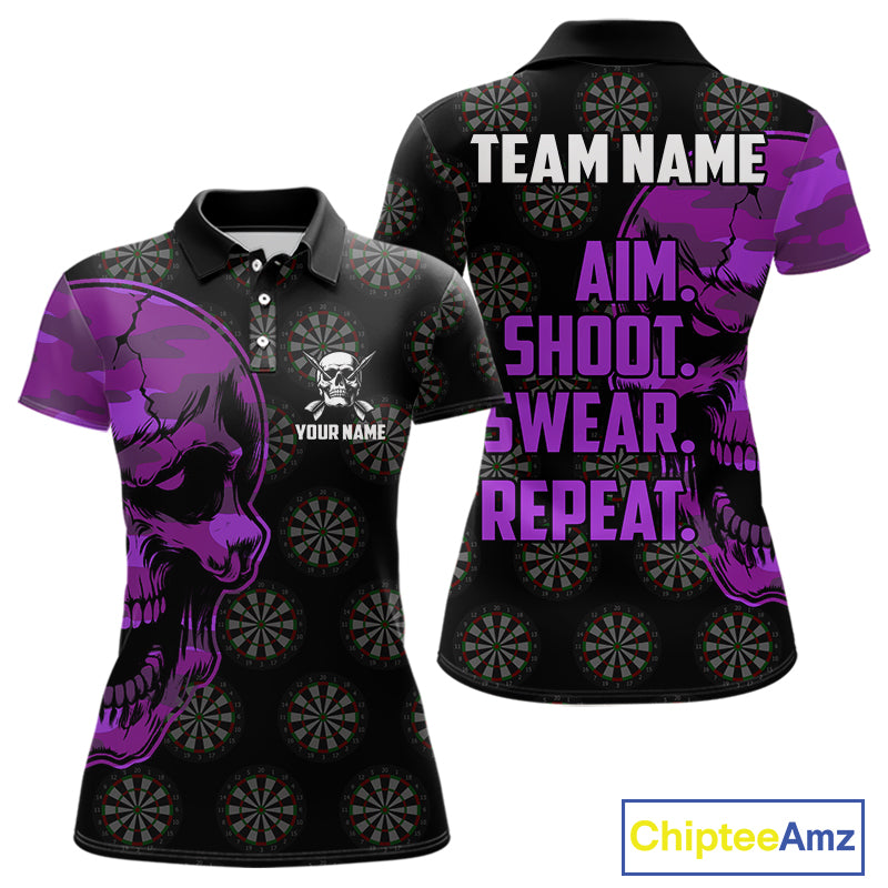 Funny Purple Camo Darts Skull Aim Shoot Swear Repeat Custom Dart Shirts For Women, Darts Team Jersey TDM4798
