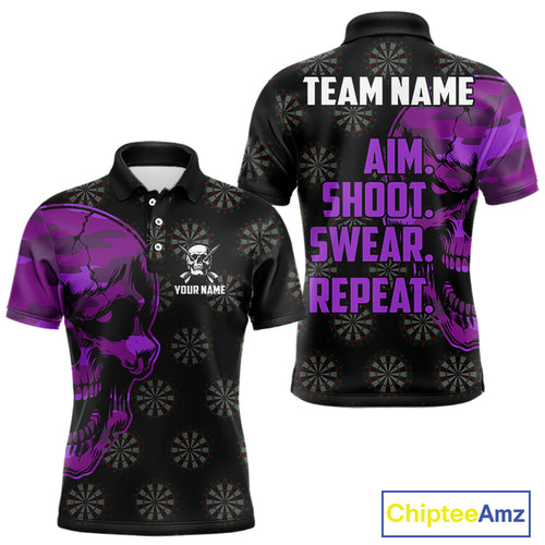 Funny Purple Camo Darts Skull Aim Shoot Swear Repeat Custom Dart Shirts For Men, Darts Team Jersey TDM4798