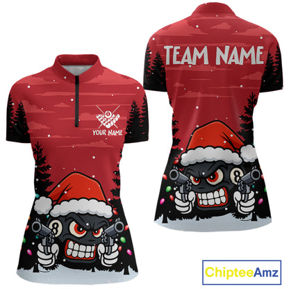Personalized Red Christmas Santa 8 Ball Pool Billiard Shirts For Women, Funny Xmas Billiard Jerseys TDM5221