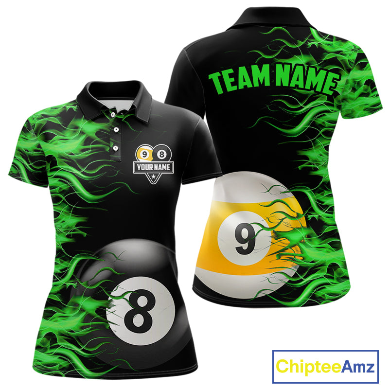 Green Flaming 8 Ball & 9 Ball Billiard Shirt For Women Custom Pool Team Jersey Polo & 1/4 Zip TDM5482