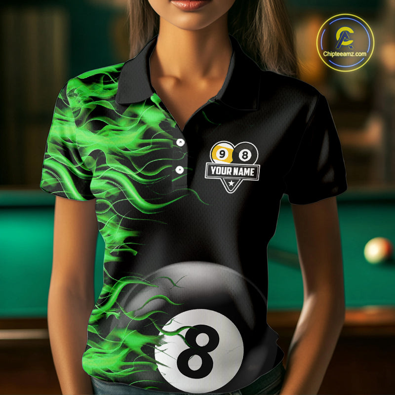 Green Flaming 8 Ball & 9 Ball Billiard Shirt For Women Custom Pool Team Jersey Polo & 1/4 Zip TDM5482