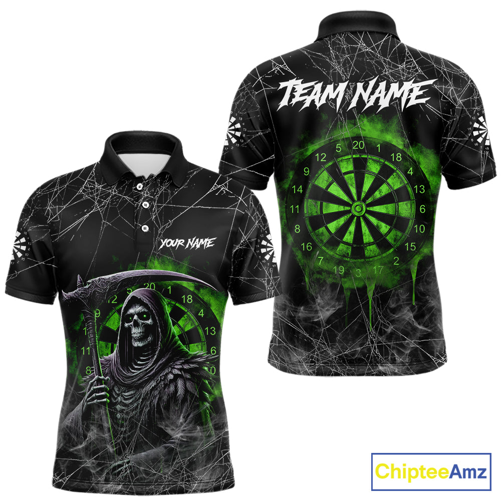 Black And Green Smoke Grim Reaper Funny Dart Shirts For Men Custom Dart Jerseys, Darts Clothing TDM5486