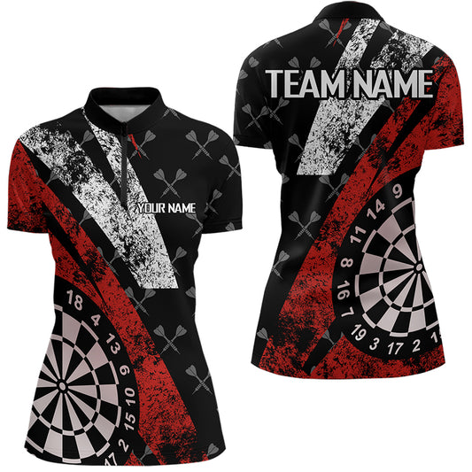 Black And Red Grunge Darts Polo & Quarter Zip Custom Darts Shirts For Women, Best Darts Team Jerseys TDM3447