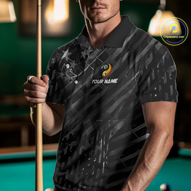 Black US Flag Skull Yin And Yang Custom Billiard Shirts For Men, 8 Ball & 9 Ball Pool Team Jersey TDM6531