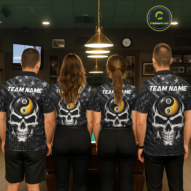 Black US Flag Skull Yin And Yang Custom Billiard Shirts For Women, 8 Ball & 9 Ball Pool Team Jersey TDM6531