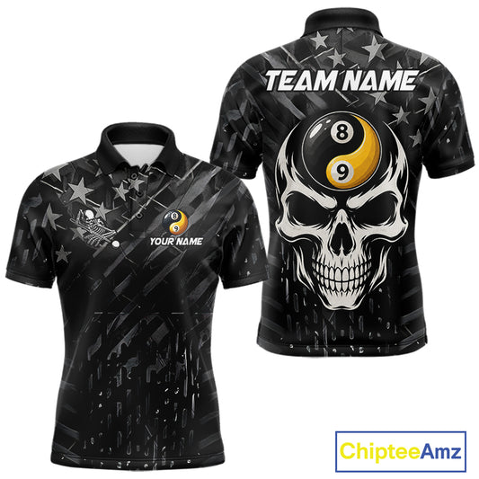 Black US Flag Skull Yin And Yang Custom Billiard Shirts For Men, 8 Ball & 9 Ball Pool Team Jersey TDM6531