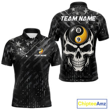 Load image into Gallery viewer, Black US Flag Skull Yin And Yang Custom Billiard Shirts For Men, 8 Ball &amp; 9 Ball Pool Team Jersey TDM6531
