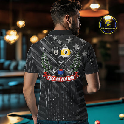 Black US Flag 8 Ball & 9 Ball Pool Billiard Shirt For Men Custom Billiard Team Jersey Polo, 1/4 Zip TDM6533