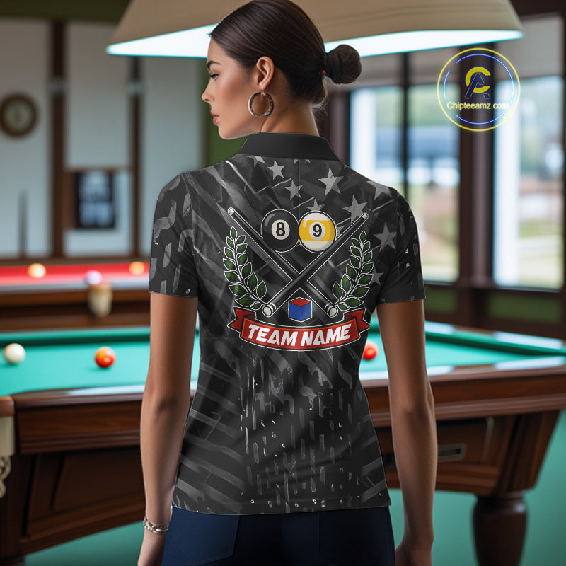 Black US Flag 8 Ball & 9 Ball Pool Billiard Shirt For Women Custom Billiard Team Jersey Polo, 1/4 Zip TDM6533