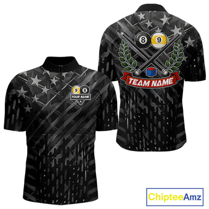 Black US Flag 8 Ball & 9 Ball Pool Billiard Shirt For Men Custom Billiard Team Jersey Polo, 1/4 Zip TDM6533