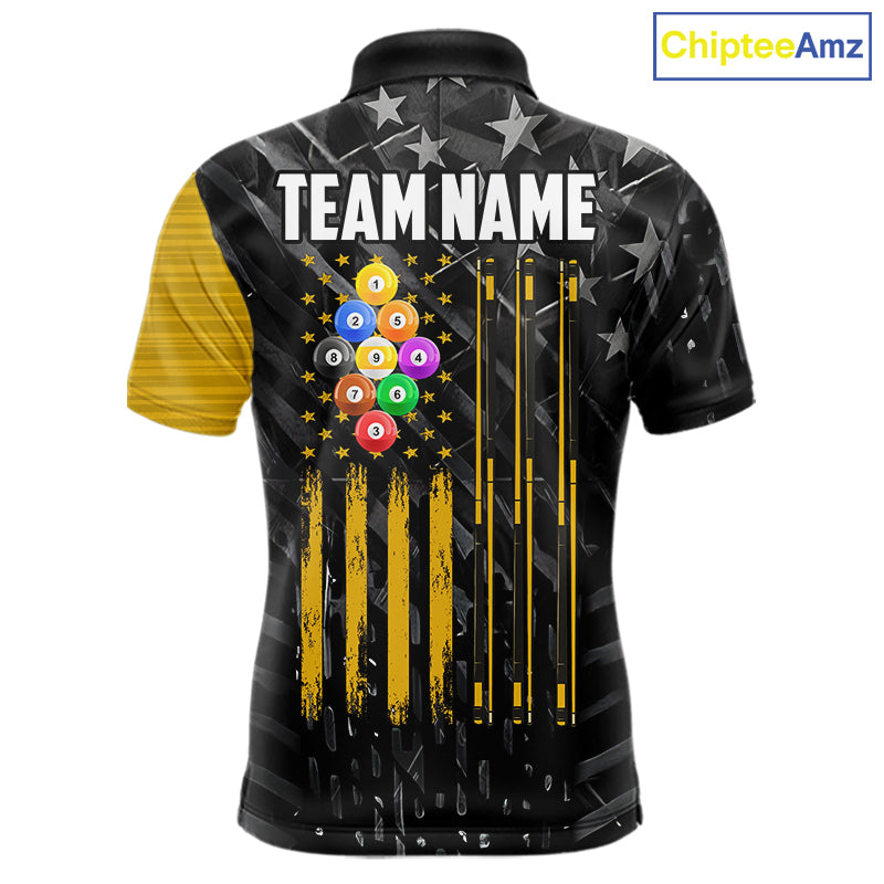 Yellow Black American Flag 9 Ball Pool Men's Billiard Shirt Custom Billiard Jersey Polo, 1/4 Zip TDM6534