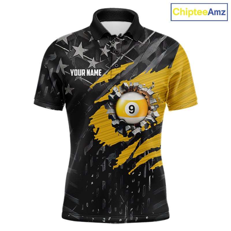 Yellow Black American Flag 9 Ball Pool Men's Billiard Shirt Custom Billiard Jersey Polo, 1/4 Zip TDM6534