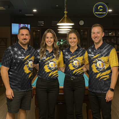 Yellow Black American Flag 9 Ball Pool Women's Billiard Shirt Custom Billiard Jersey Polo, 1/4 Zip TDM6534
