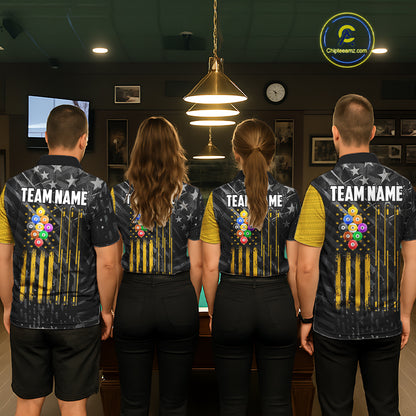 Yellow Black American Flag 9 Ball Pool Women's Billiard Shirt Custom Billiard Jersey Polo, 1/4 Zip TDM6534