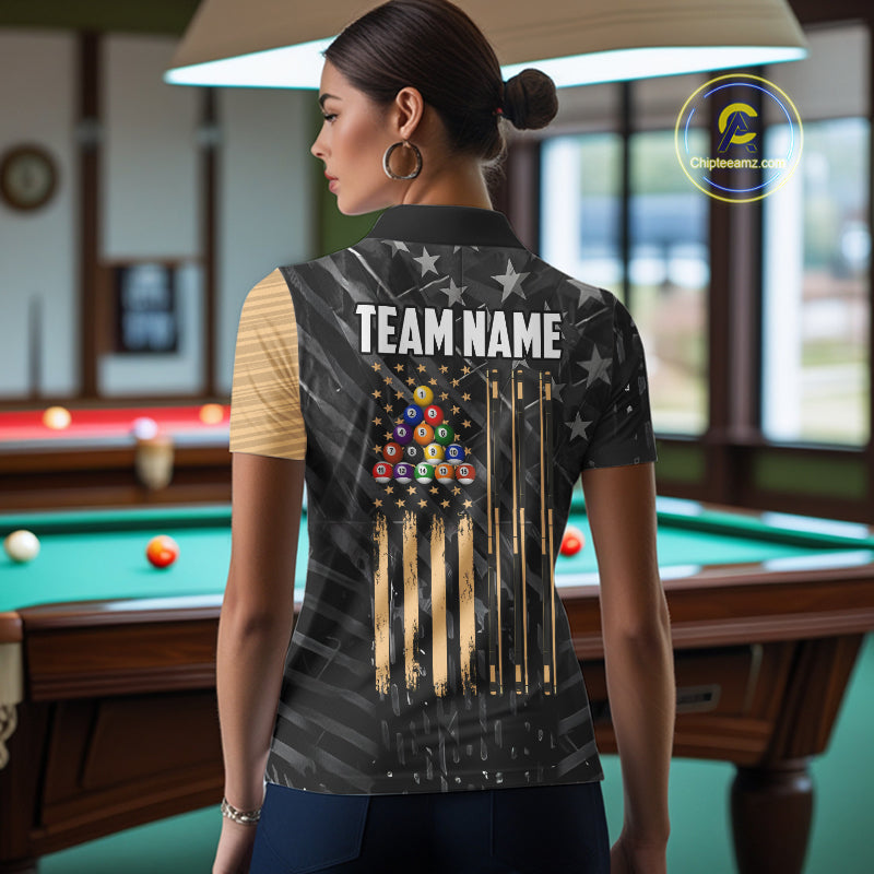 Black American Flag 8 Ball Billiard Shirt For Women Custom Billiard Team Jersey Polo & 1/4 Zip |Tan TDM6535