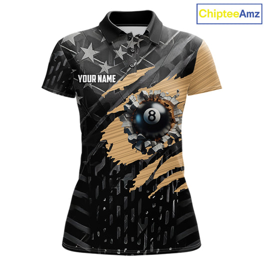 Black American Flag 8 Ball Billiard Shirt For Women Custom Billiard Team Jersey Polo & 1/4 Zip |Tan TDM6535
