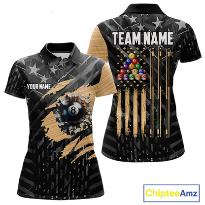 Black American Flag 8 Ball Billiard Shirt For Women Custom Billiard Team Jersey Polo & 1/4 Zip |Tan TDM6535