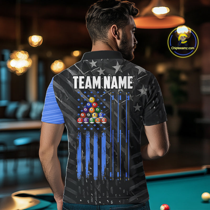 Black American Flag 8 Ball Billiard Shirt For Men Custom Billiard Team Jersey Polo & 1/4 Zip |Blue TDM6536