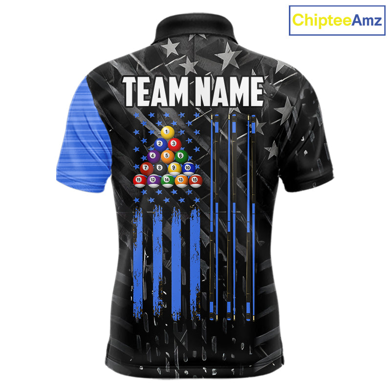 Black American Flag 8 Ball Billiard Shirt For Men Custom Billiard Team Jersey Polo & 1/4 Zip |Blue TDM6536
