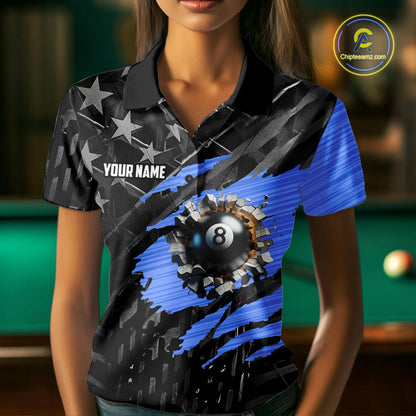 Black American Flag 8 Ball Billiard Shirt For Women Custom Billiard Team Jersey Polo & 1/4 Zip |Blue TDM6536