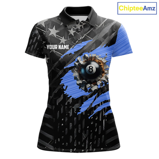 Black American Flag 8 Ball Billiard Shirt For Women Custom Billiard Team Jersey Polo & 1/4 Zip |Blue TDM6536
