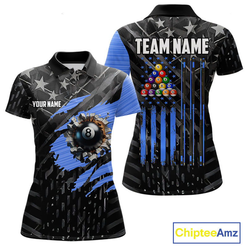 Black American Flag 8 Ball Billiard Shirt For Women Custom Billiard Team Jersey Polo & 1/4 Zip |Blue TDM6536