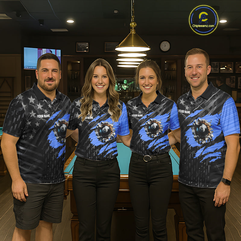 Black American Flag 8 Ball Billiard Shirt For Men Custom Billiard Team Jersey Polo & 1/4 Zip |Blue TDM6536