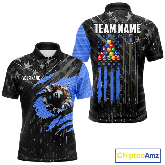 Black American Flag 8 Ball Billiard Shirt For Men Custom Billiard Team Jersey Polo & 1/4 Zip |Blue TDM6536