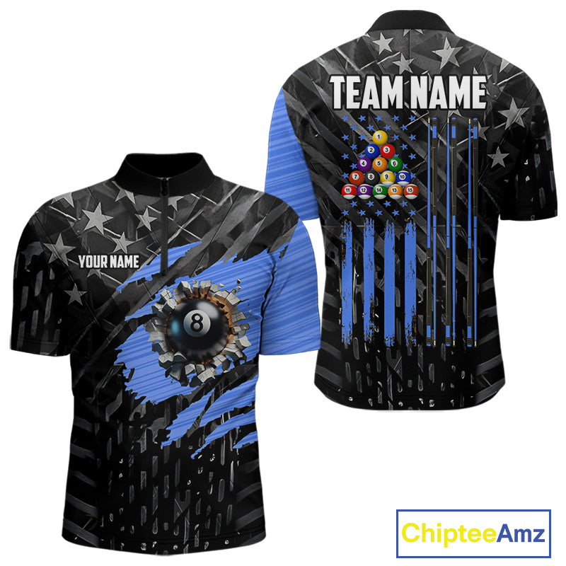 Black American Flag 8 Ball Billiard Shirt For Men Custom Billiard Team Jersey Polo & 1/4 Zip |Blue TDM6536