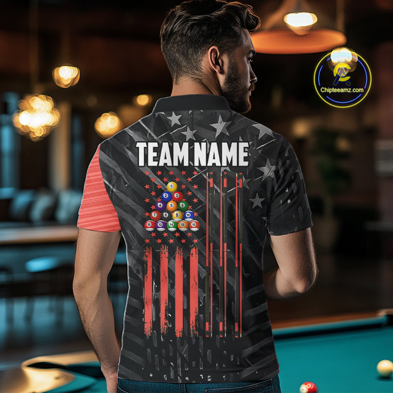 Black American Flag 8 Ball Billiard Shirt For Men Custom Billiard Team Jersey Polo & 1/4 Zip |Red TDM6537