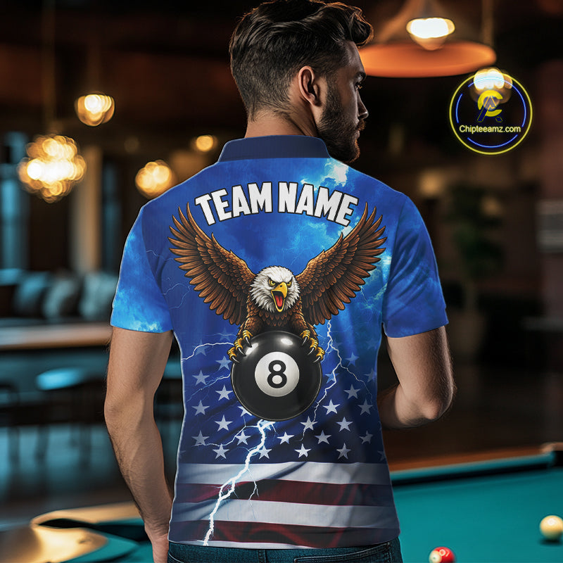Blue Lightning American Flag Eagle Billiard Shirts For Men Custom 8 Ball Pool Jersey Polo, 1/4 Zip TDM6538