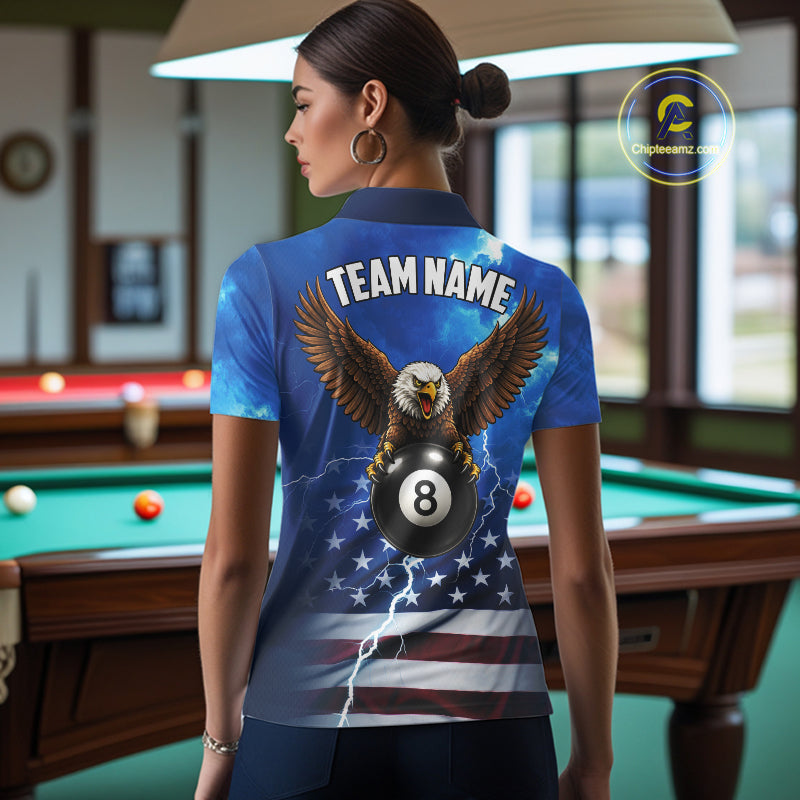 Blue Lightning American Flag Eagle Billiard Shirts For Women Custom 8 Ball Pool Jersey Polo, 1/4 Zip TDM6538